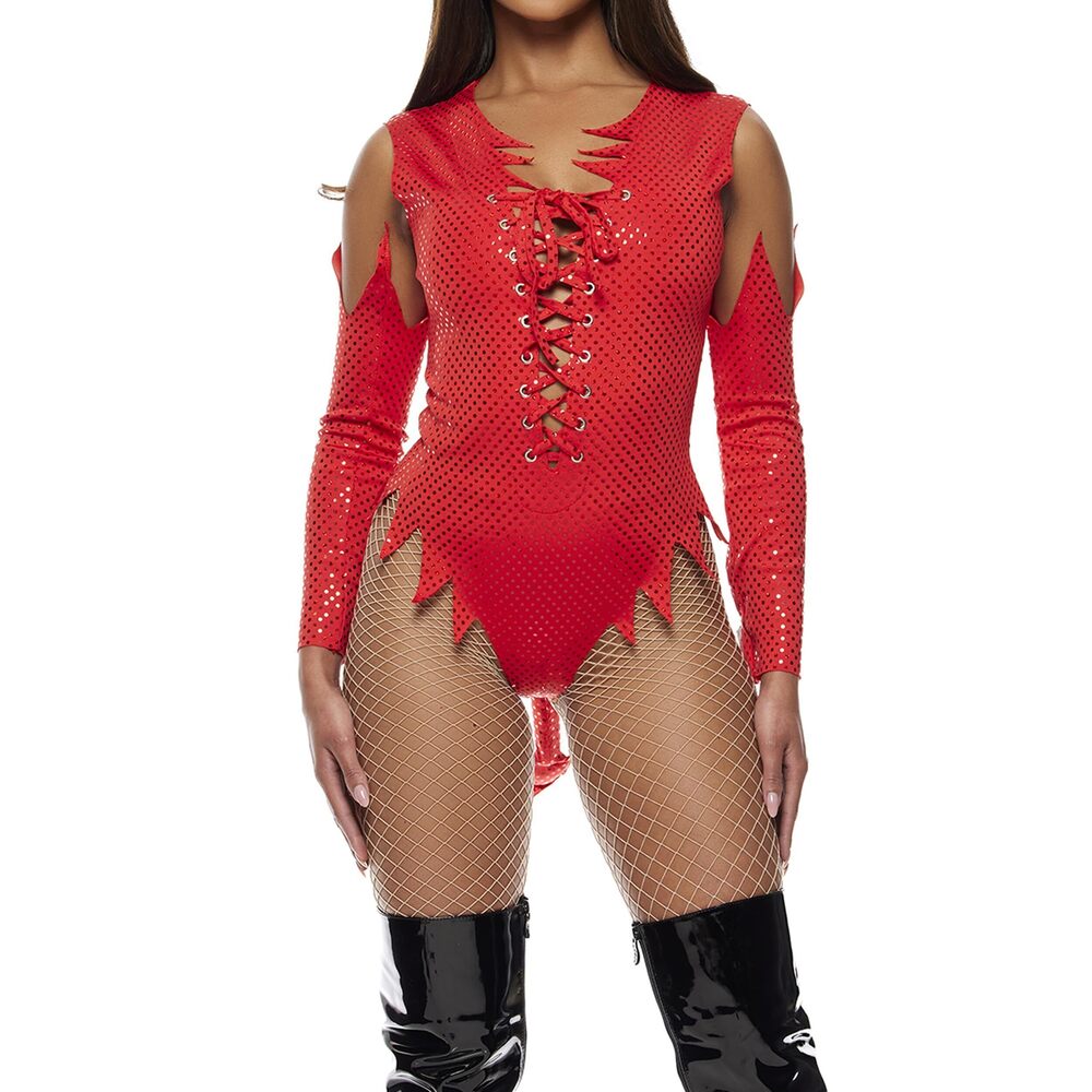 2187 Sizzle N' Shine Iridescent Devil Bodysuit and Ear Headband Red